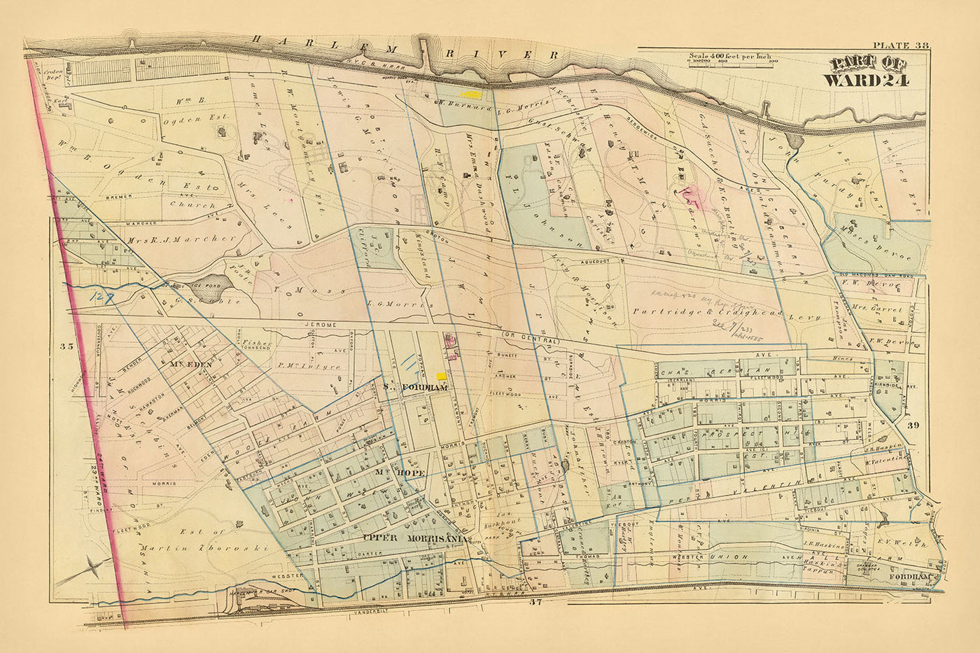 Ancienne carte de la ville de New York par Bromley, 1879 : South Fordham, Mount Hope, Upper Morrisania, Fordham, Harlem River