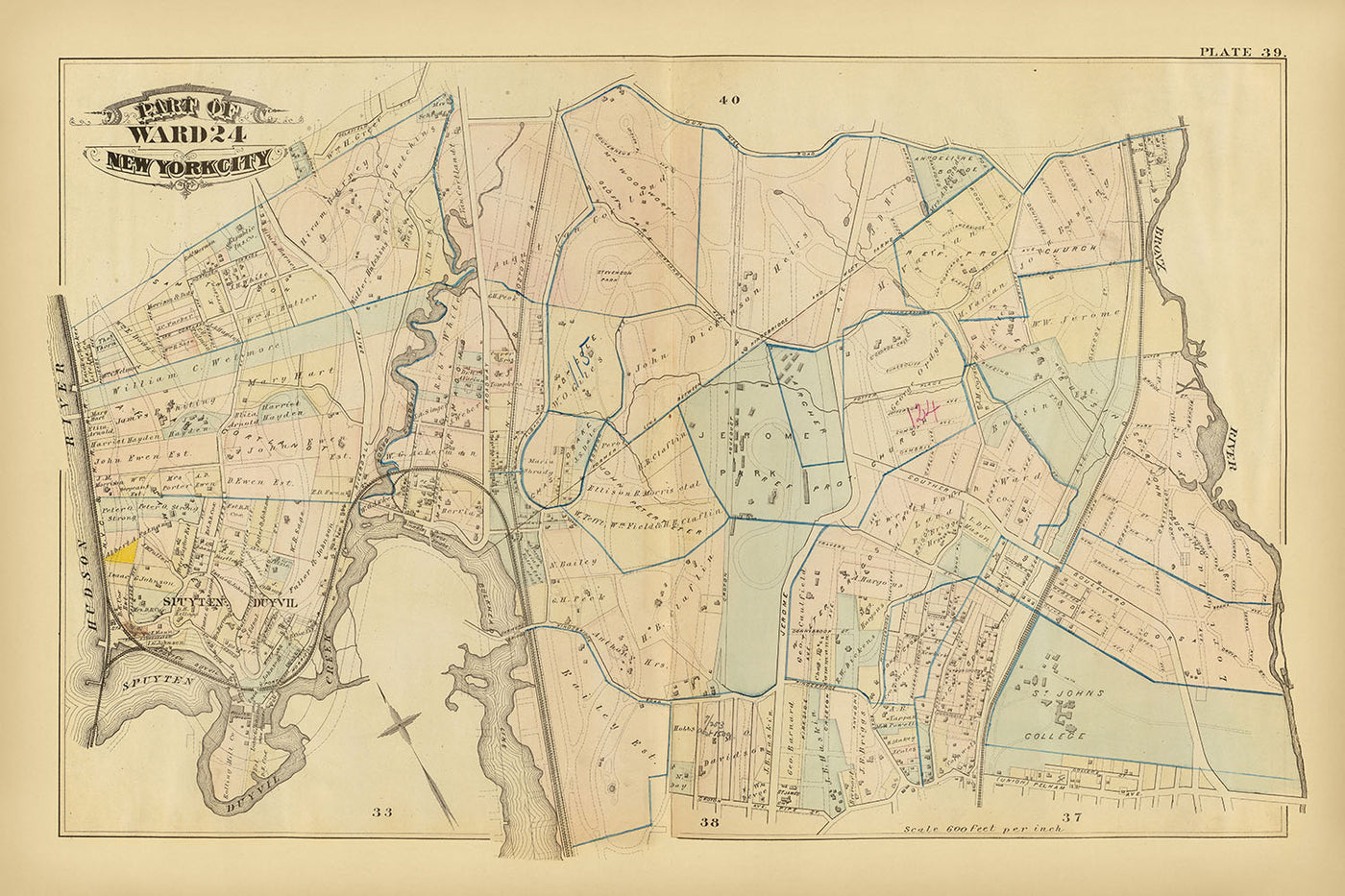 Alte Karte von New York City von Bromley, 1879: Fordham, Belmont, East Tremont, Bronx River, St. Johns College