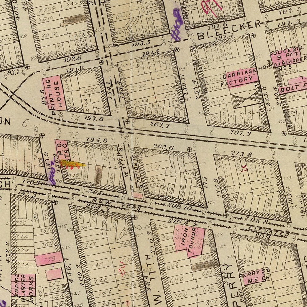 Alte Karte von West Village, NYC, 1879: Bleecker, 9th 10th Ave, Abingdon Square und Jackson Square