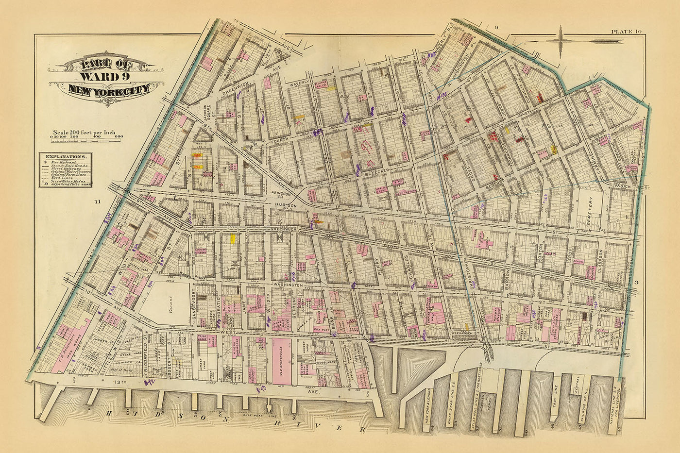 Ancienne carte de West Village, New York, 1879 : Bleecker, 9e 10e avenue, Abingdon Square et Jackson Square