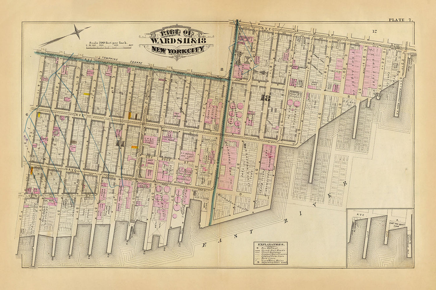 Ancienne carte du Lower East Side, New York, 1879 : quartiers 11 et 18 détaillés de Bromley