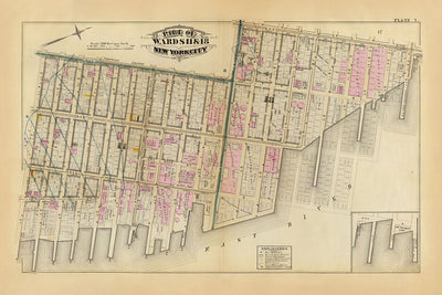 Ancienne carte du Lower East Side, New York, 1879 : quartiers 11 et 18 détaillés de Bromley