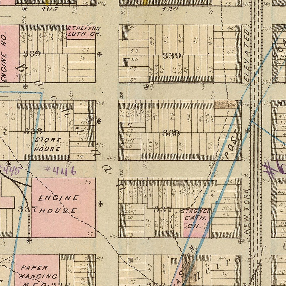 Ancienne carte de Midtown, New York par Bromley, 1879 : Grand Central Terminal, Reservoir Square, de la 38e rue à l'ouest de la 50e rue