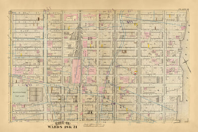 Ancienne carte de Midtown, New York par Bromley, 1879 : Grand Central Terminal, Reservoir Square, de la 38e rue à l'ouest de la 50e rue