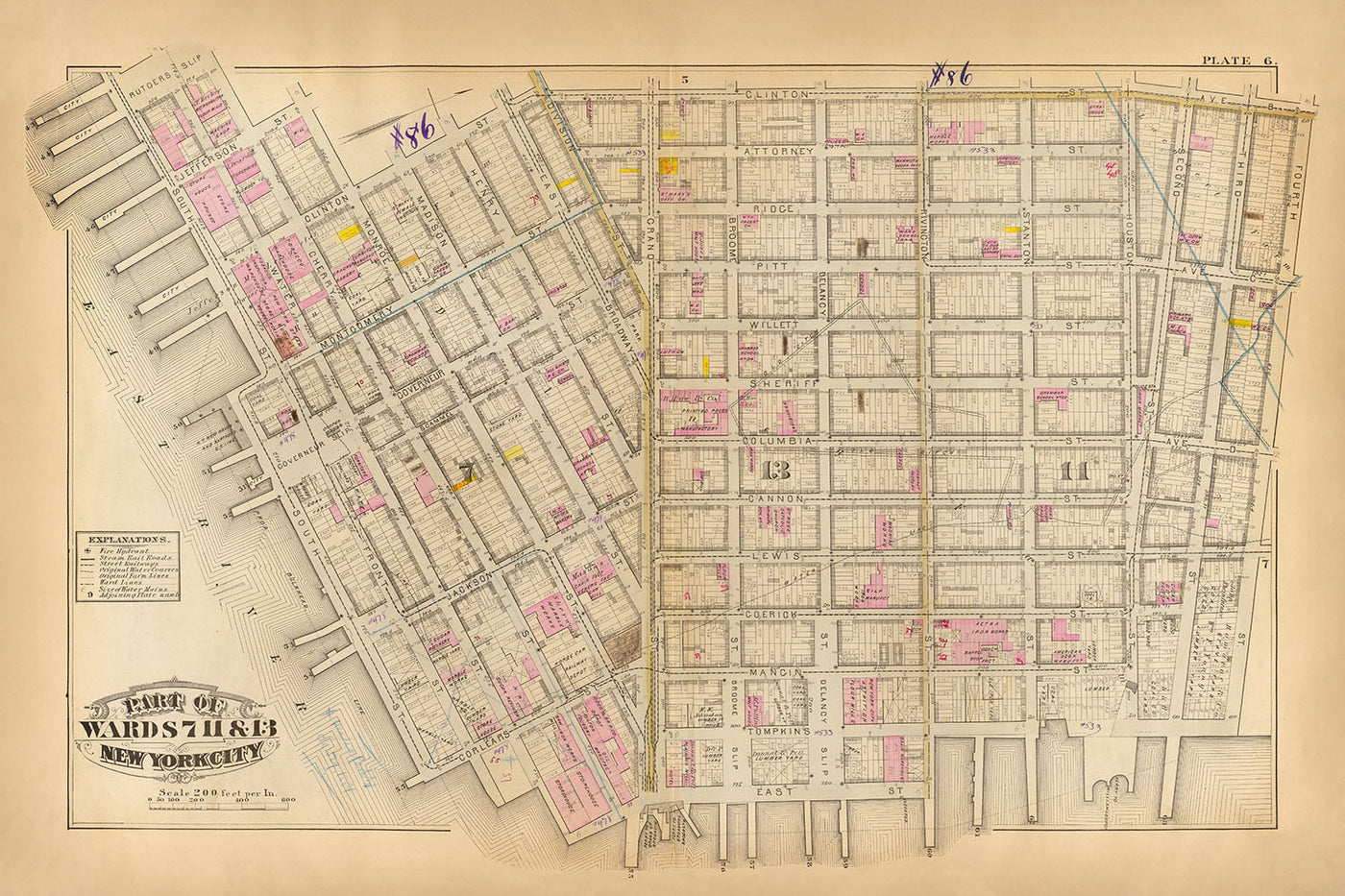 Mapa antiguo del Lower East Side, Nueva York, 1879: con Rutgers Slip, Governeur Slip, Union Market