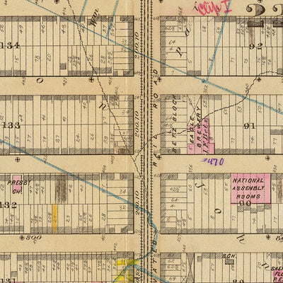 Ancienne carte du quartier des théâtres, New York, 1879 : Times Square, ferry pour Weehawken, 42nd Street Station, West 38-50th St, Broadway
