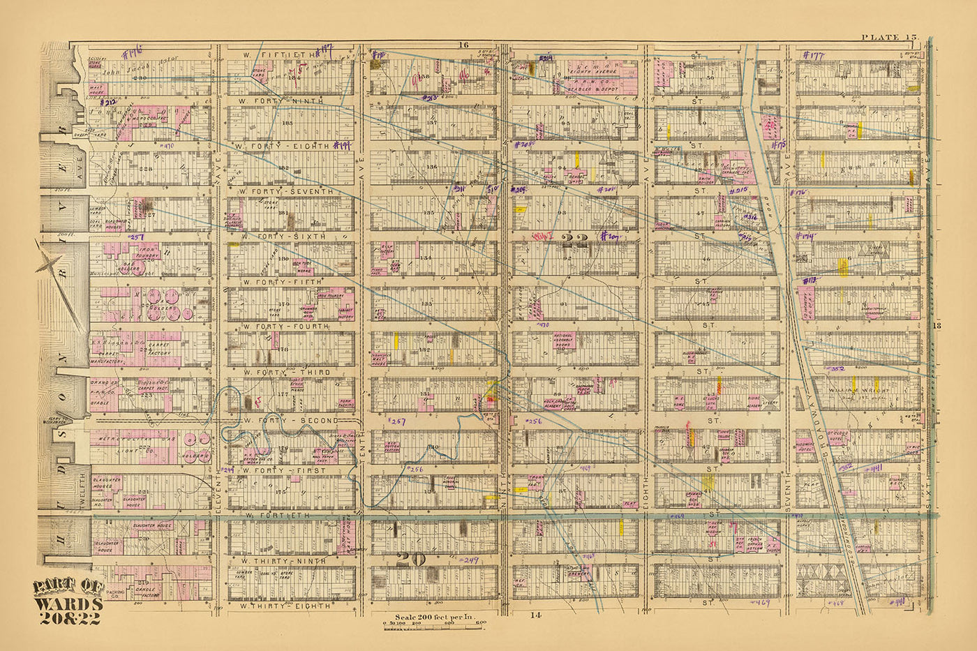 Mapa antiguo del distrito de los teatros, Nueva York, 1879: Times Square, ferry a Weehawken, estación de la calle 42, calle 38-50 oeste, Broadway