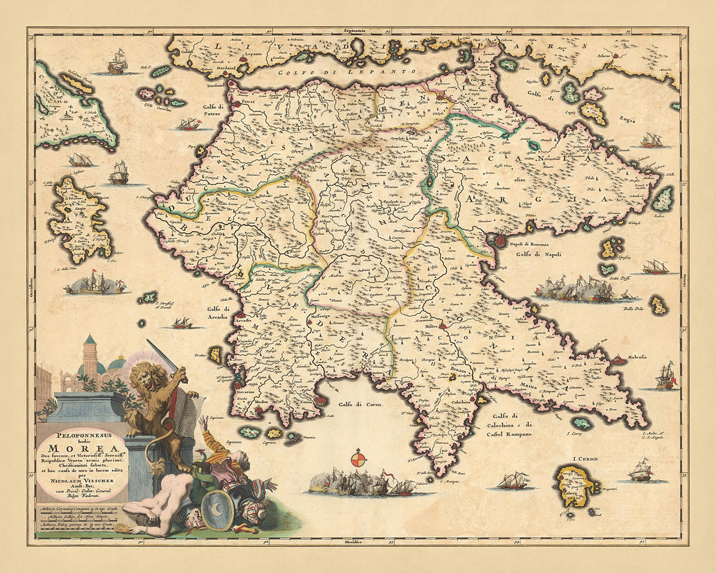 Alte Karte von Peloponnes, Griechenland von Visscher, 1690: Patras, Zakinthos, Kalamata, Nafplion, Saronische Inseln