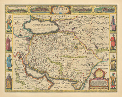 Ancienne carte rare de l'Iran par vitesse, 1627 : mer Caspienne, golfe Persique, Spaha, Ormus, Gilan