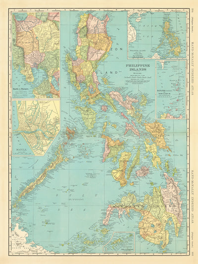 Ancienne carte des Philippines par Rand McNally, 1904 : Manille, Luçon, Samar, Cebu et Mindanao