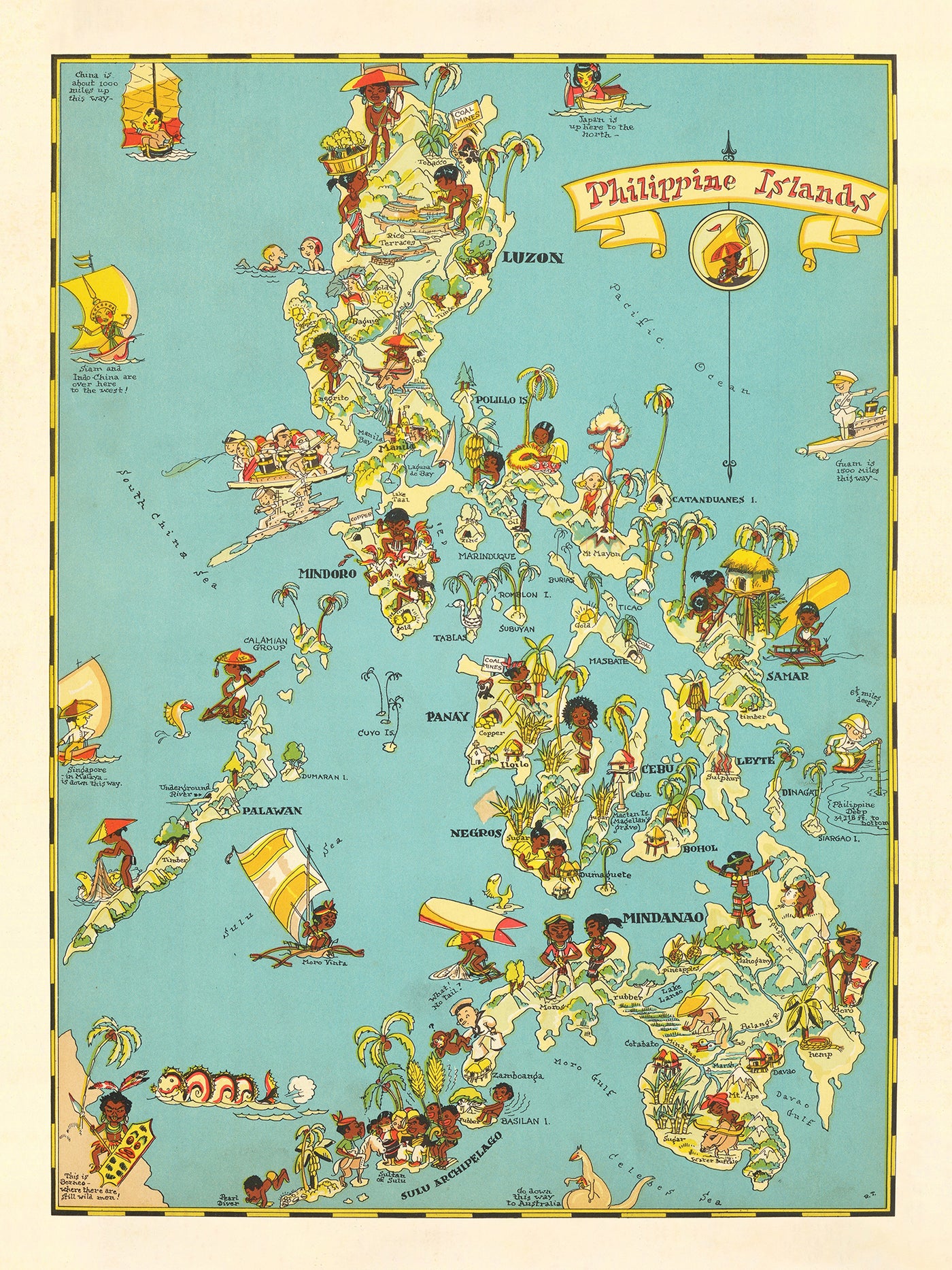 Old Map of the Philippines by Ruth Taylor White, 1935: Manila, Luzon, Samar, Mindanao, and the Sulu Archipelago