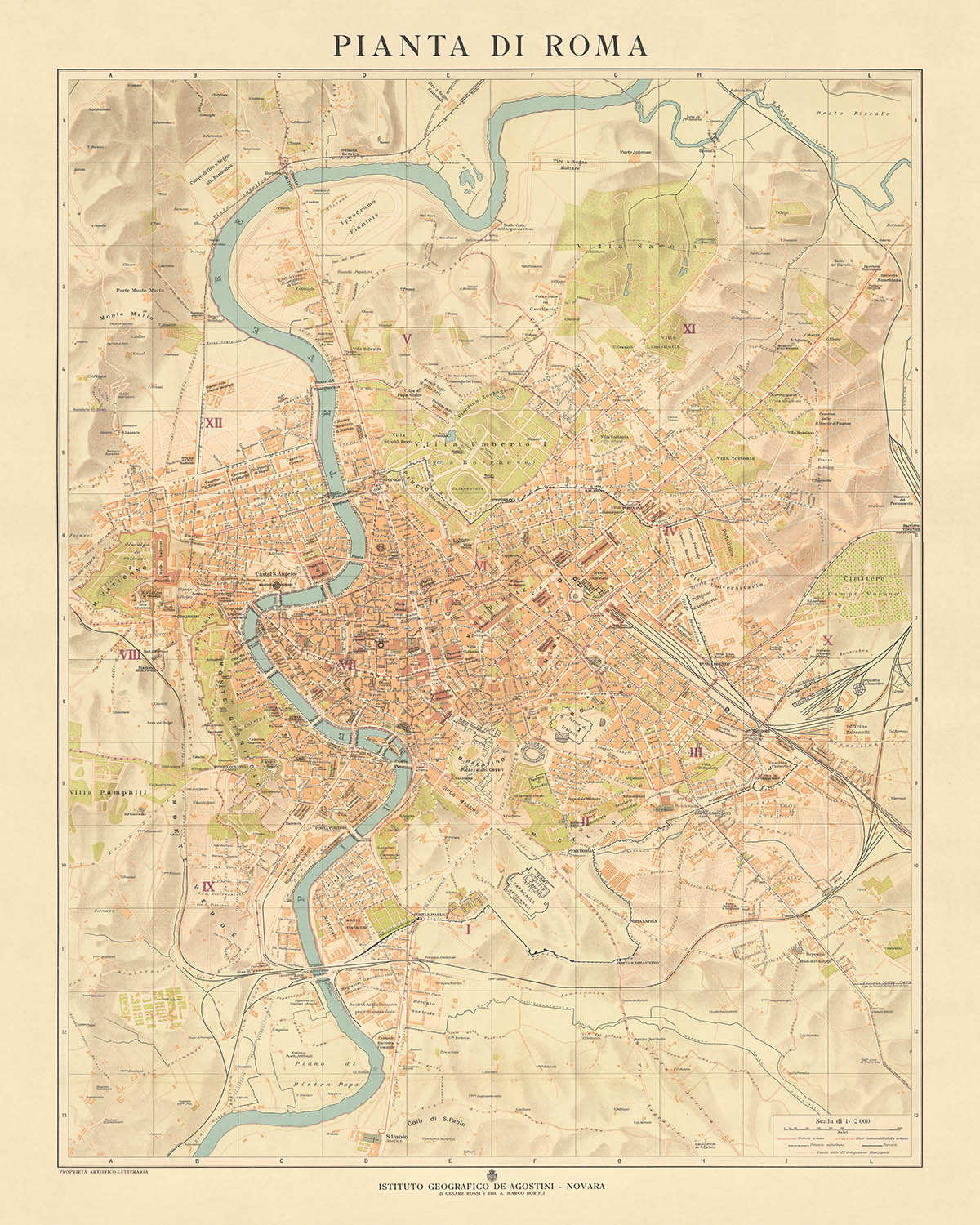 Rare Old Plan Map of Rome, 1921: Vatican, Colosseum, Trevi Fountain, Via del Corso, Roman Forum