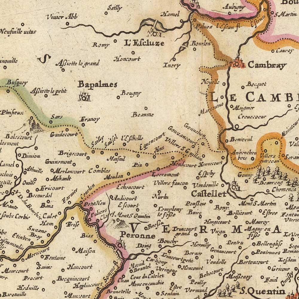 Mapa antiguo de Picardía, Francia por Visscher, 1690: Calais, Lille, Amiens, Reims, Parque Scarpe-Escaut
