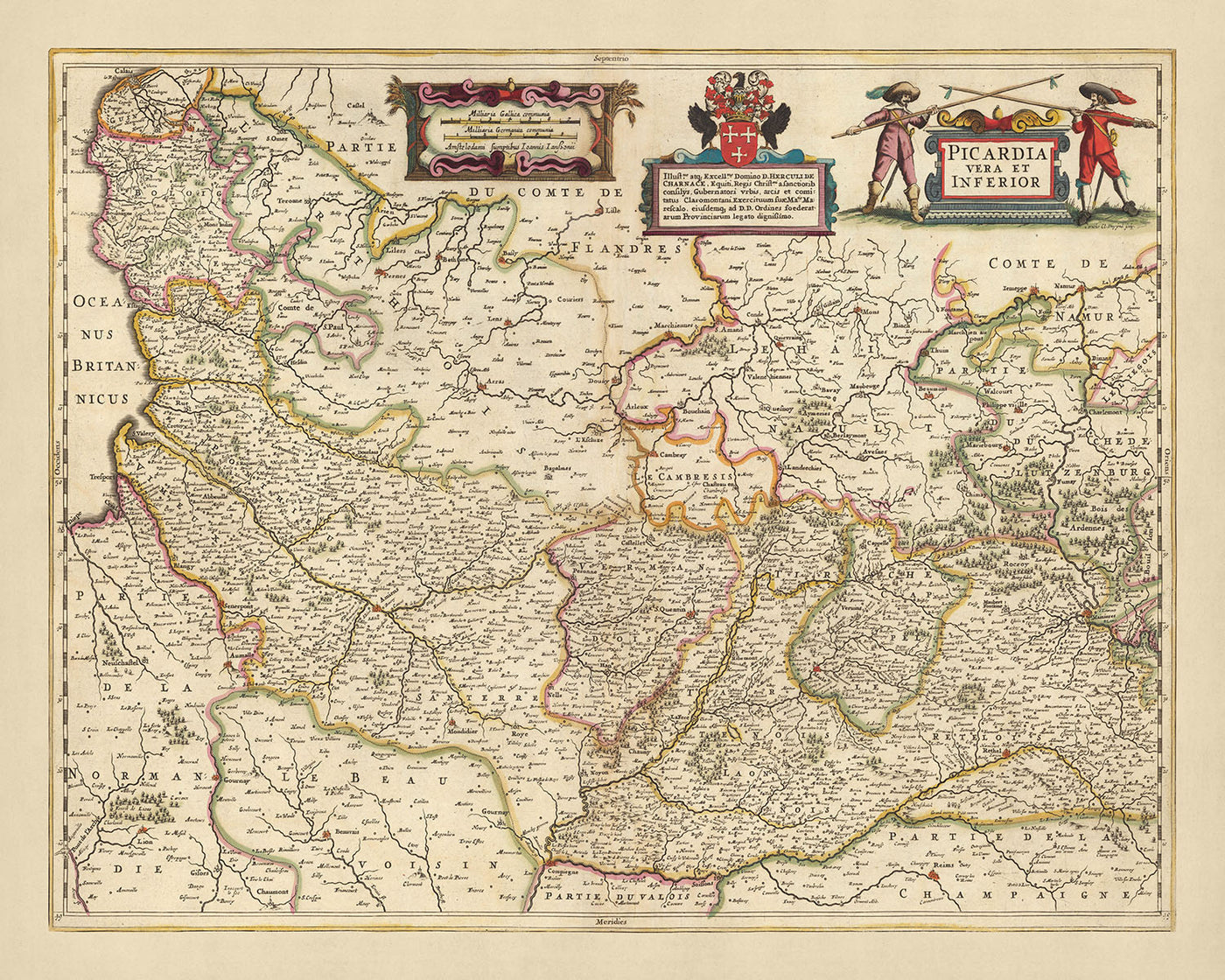 Mapa antiguo de Picardía, Francia por Visscher, 1690: Calais, Lille, Amiens, Reims, Parque Scarpe-Escaut