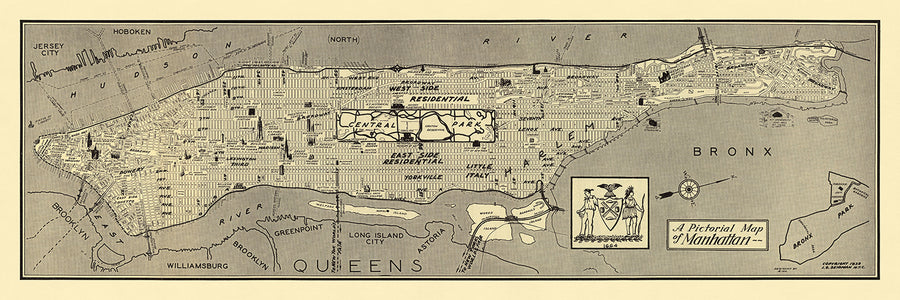 Mappa Pittorica Antica di Manhattan di Seidman, 1939: Central Park, Empire State, Harlem, Times Square, Broadway 