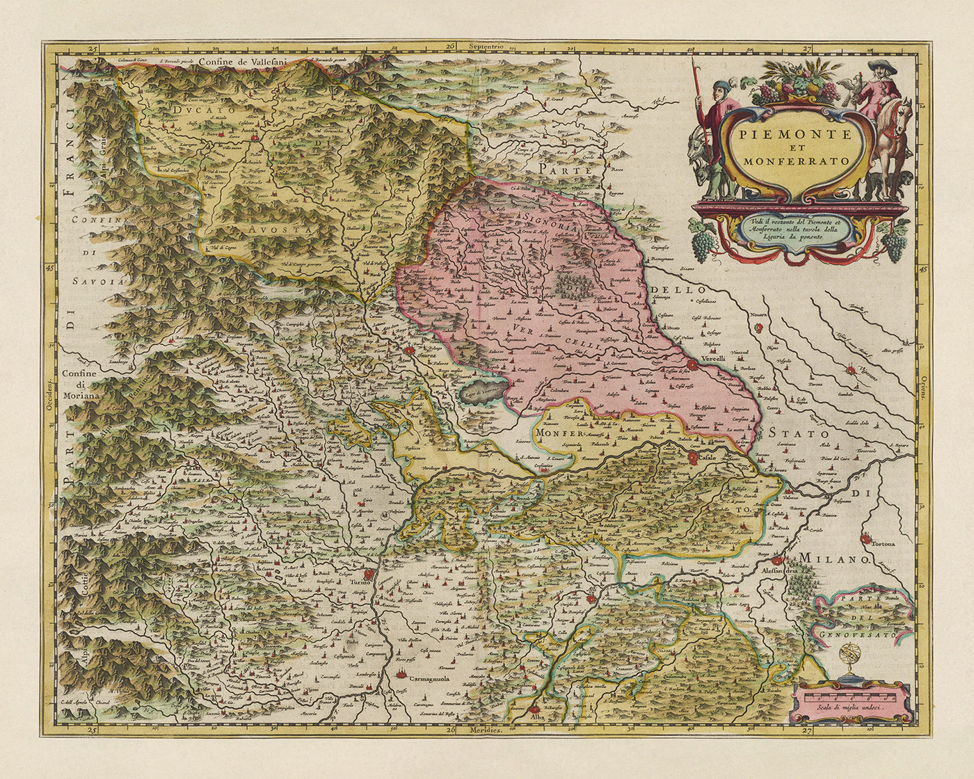 Mapa antiguo de Piamonte y Monferrato, Italia por Joan Blaeu, 1665: Turín, Alessandria, Asti, Casale Monferrato, Vercelli