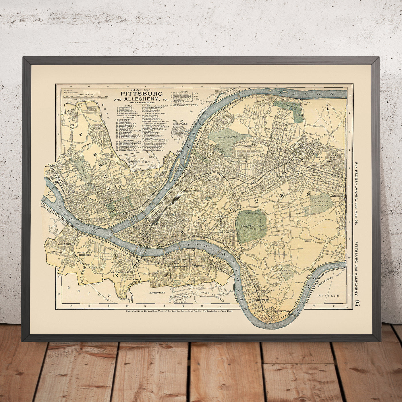 Alte Karte von Pittsburgh, 1891: Allegheny, East Liberty, Highland Park, Schenley Park, Monongahela River