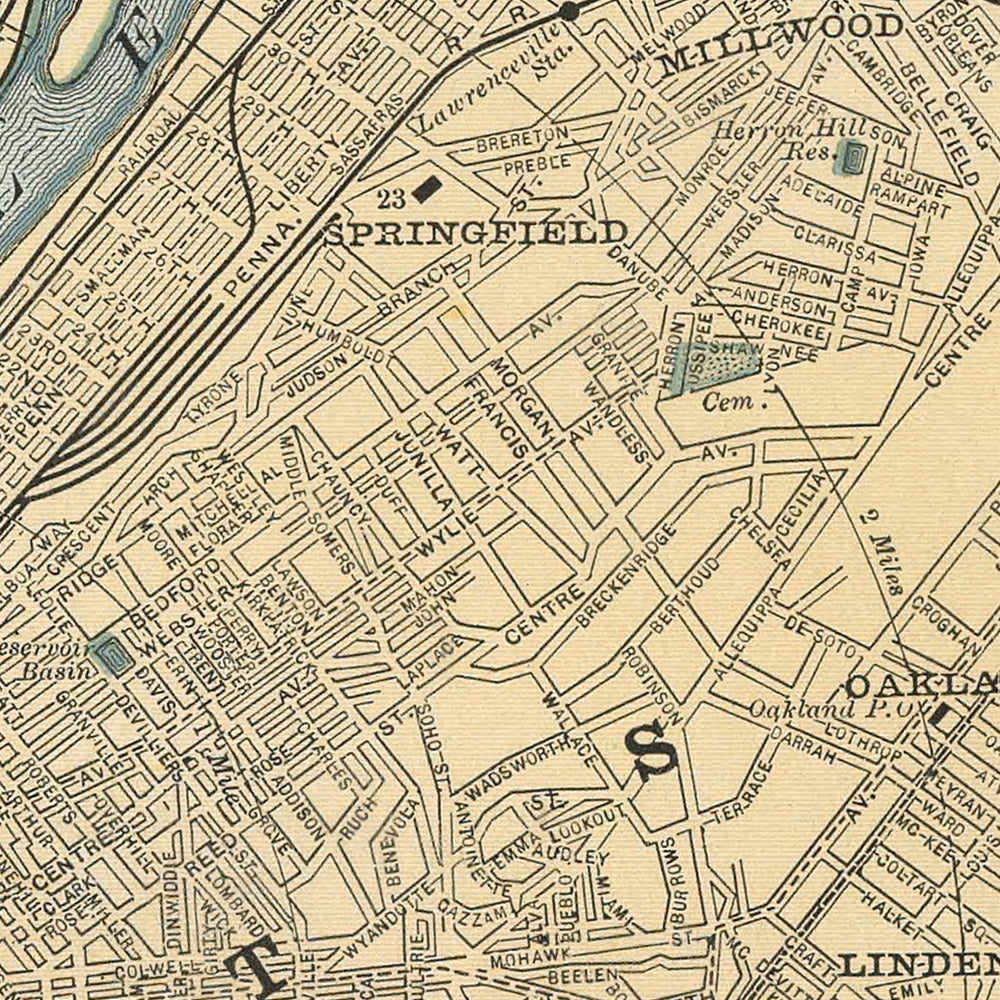 Mapa antiguo de Pittsburgh, 1891: Allegheny, East Liberty, Highland Park, Schenley Park, río Monongahela