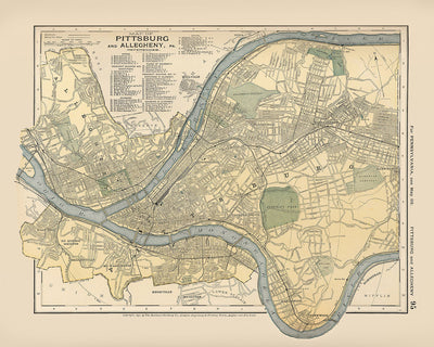 Alte Karte von Pittsburgh, 1891: Allegheny, East Liberty, Highland Park, Schenley Park, Monongahela River