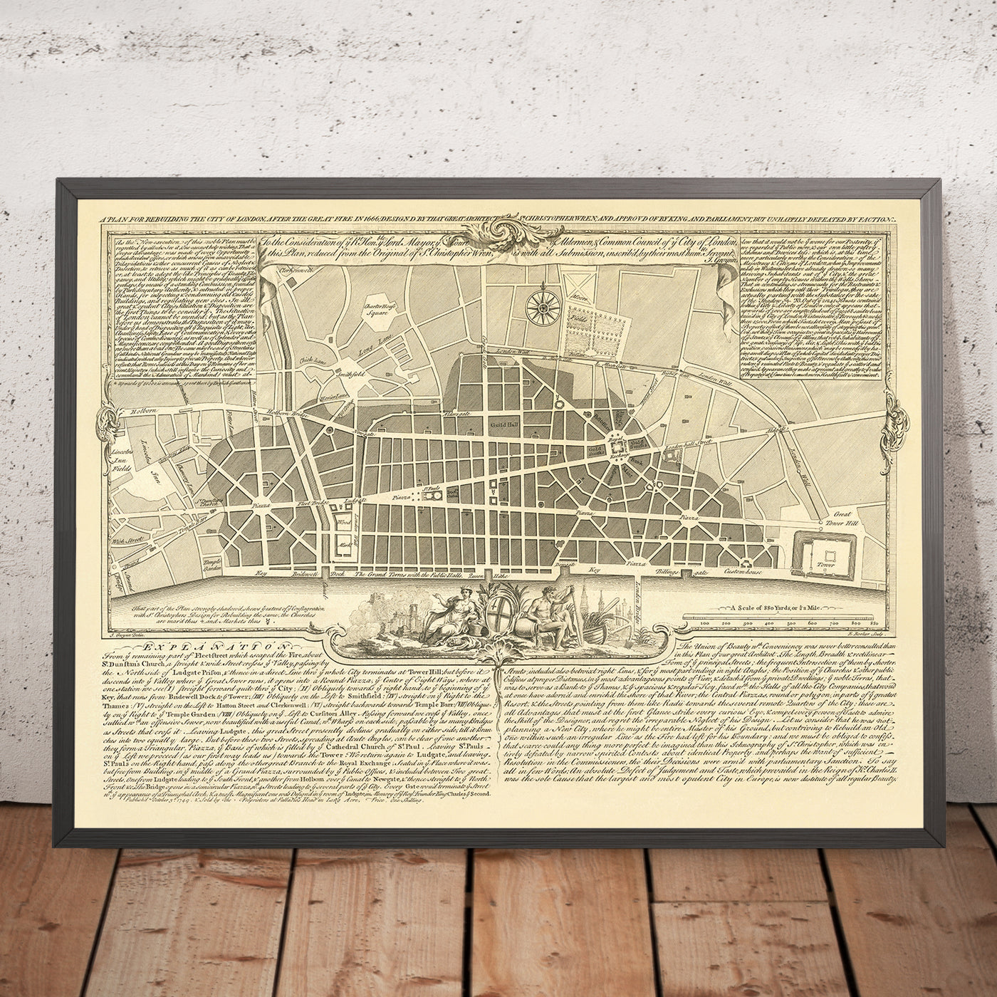 Mapa antiguo de Londres de Gwynn, 1749: San Pablo, el monumento, el Puente de la Torre, el Támesis, el plan de reconstrucción del gran incendio