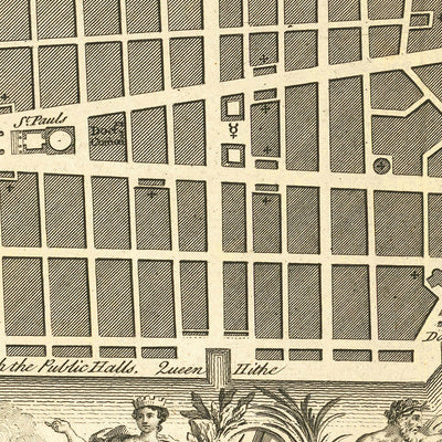 Alte Karte von London von Gwynn, 1749: St. Paul's, The Monument, Tower Bridge, Themse, Plan zum Wiederaufbau nach dem großen Brand