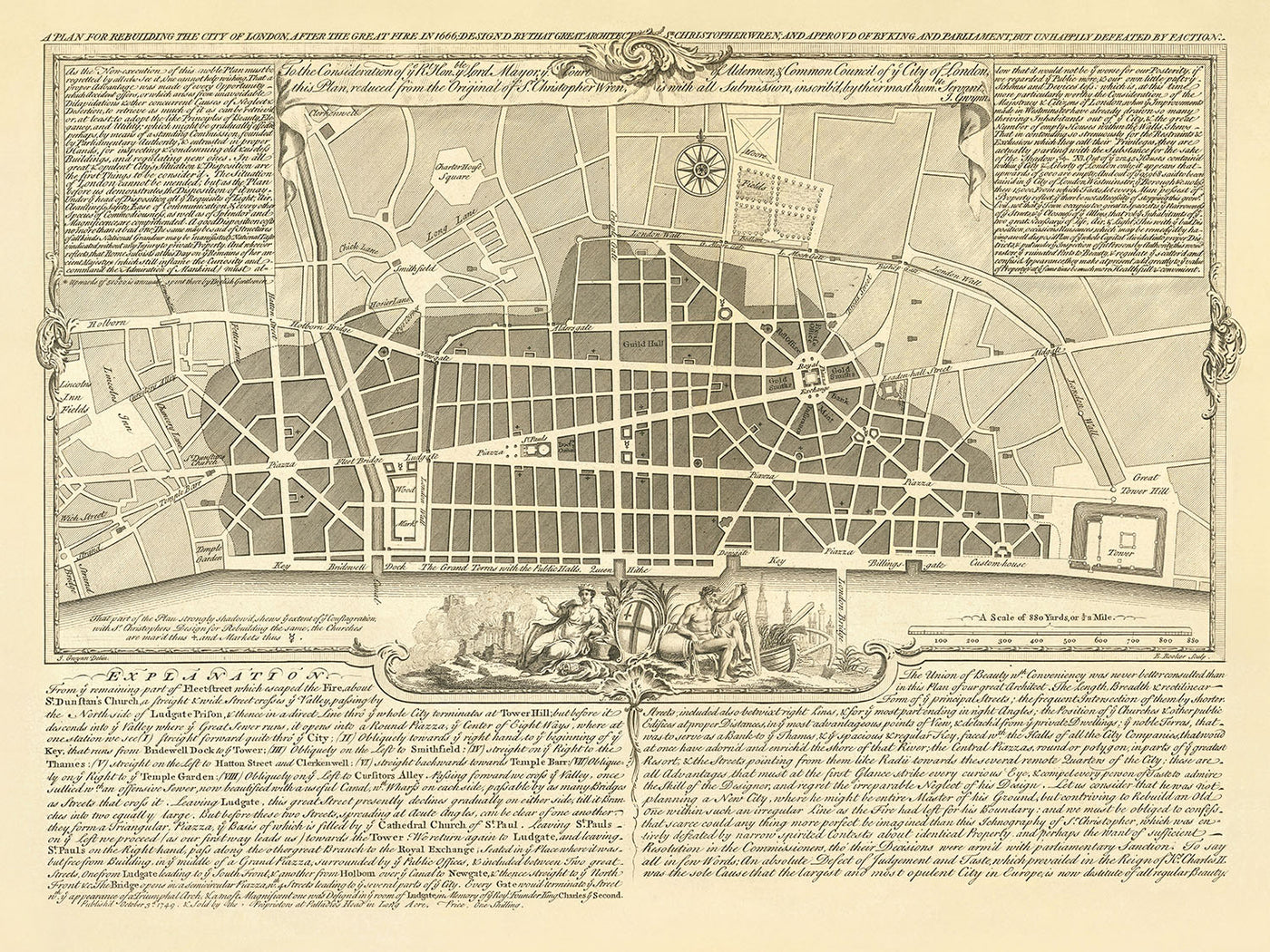 Ancienne carte de Londres par Gwynn, 1749 : Saint-Paul, le monument, Tower Bridge, Tamise, plan de reconstruction du grand incendie