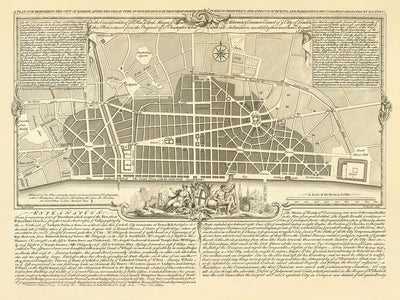 Old Map of London, 'A Plan for Rebuilding After The Great Fire' by Gwynn, 1749: St. Paul's, Monument, London Bridge