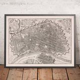 Mapa antiguo de Lima a vista de pájaro de Ulloa, 1748: Fortificaciones, río, puentes, manzanas de la ciudad, cartelas