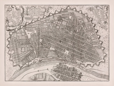 Alte Birdseye-Karte von Lima von Ulloa, 1748: Befestigungen, Fluss, Brücken, Stadtblöcke, Kartuschen 