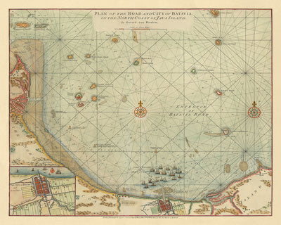 Ancienne carte nautique de Batavia par van Keulen, 1778 : Batavia, île Onrust, Mille-Îles