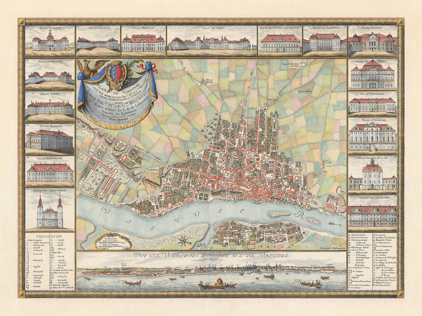 Alte Karte von Warschau von Rizzi Zannoni, 1772: Weichsel, Miodowa, Senatorska, Solec, Swietojanska 