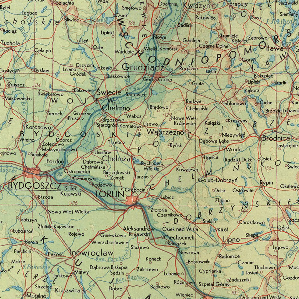 Ancienne carte de la Pologne, 1967 : Gdansk, Varsovie, Bialystok, Kaliningrad, Vistule