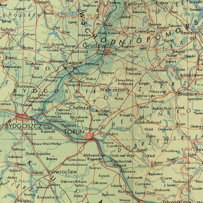 Antiguo mapa de Polonia, 1967: Gdansk, Varsovia, Bialystok, Kaliningrado, río Vístula