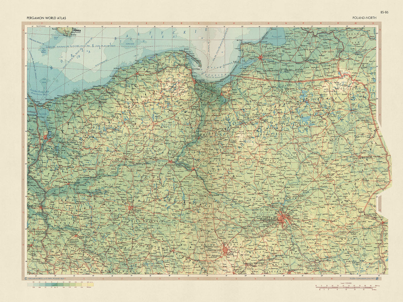 Antiguo mapa de Polonia, 1967: Gdansk, Varsovia, Bialystok, Kaliningrado, río Vístula