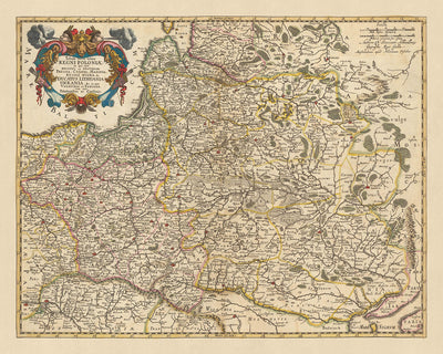 Ancienne carte de la Pologne par Visscher, 1690 : Varsovie, Vilnius, Minsk, Vienne, Kiev