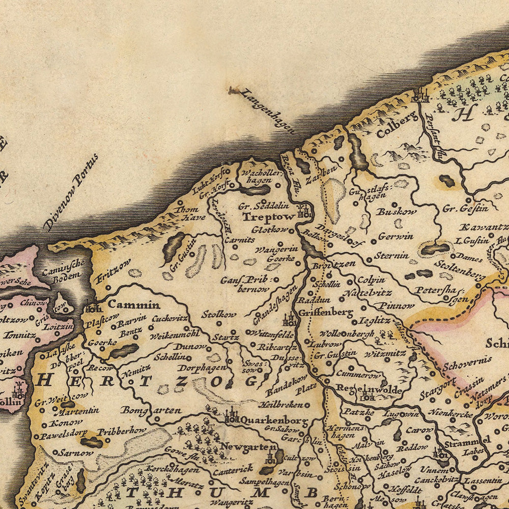 Mapa antiguo de Pomerania de Visscher, 1690: Słupsk, Szczecin, Piła, Koszalin, área de Drawsko