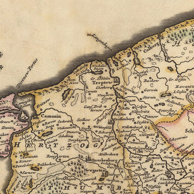 Old Map of Pomerania by Visscher, 1690: Słupsk, Szczecin, Piła, Koszalin, Drawsko Area