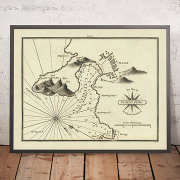 Ancienne carte nautique de Portofino par Heather, 1802 : Riviera italienne, village, forts, sondages 