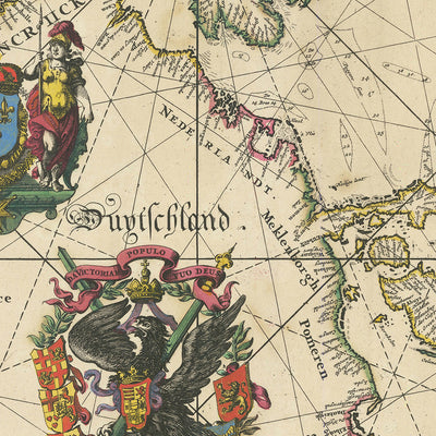 Mapa del Viejo Mundo de las costas europeas por De Wit, 1675: estilo portulano, dedicación real, emblemas heráldicos