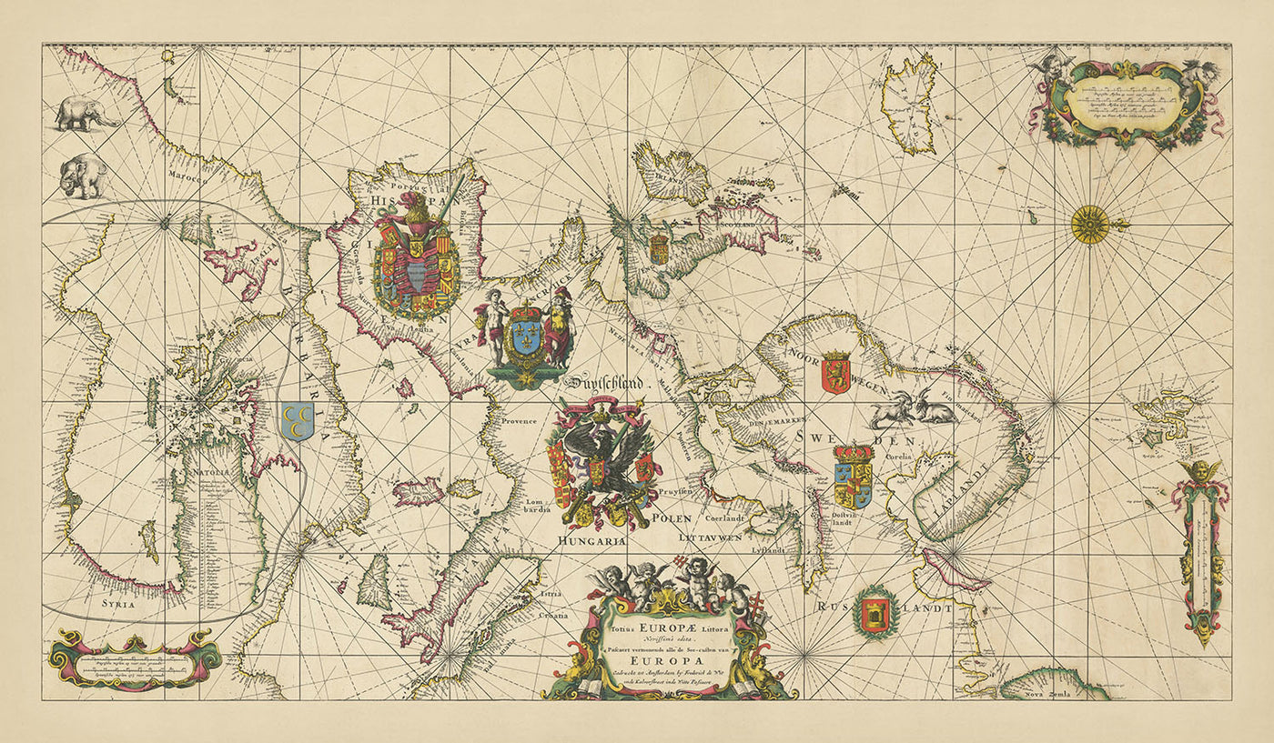 Mapa del Viejo Mundo de las costas europeas por De Wit, 1675: estilo portulano, dedicación real, emblemas heráldicos