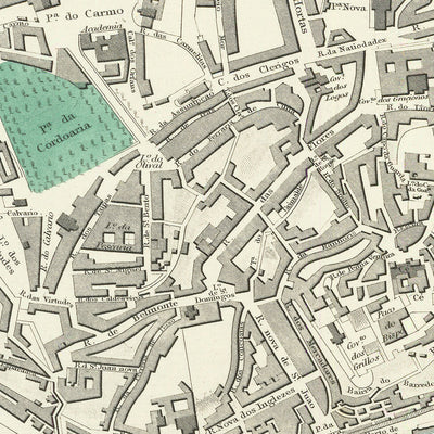 Alte Karte von Porto, 1870: Torre da Marca, Kathedrale, Ribeira-Platz, St. Francis-Kirche, Bischofspalast