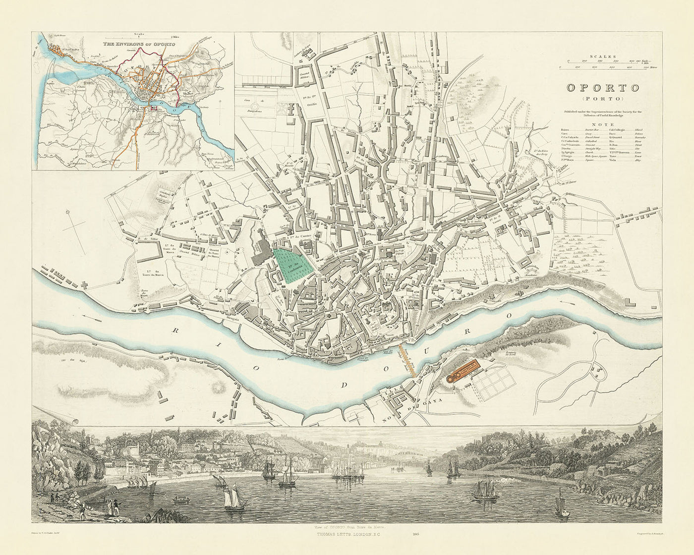 Alte Karte von Porto, 1870: Torre da Marca, Kathedrale, Ribeira-Platz, St. Francis-Kirche, Bischofspalast