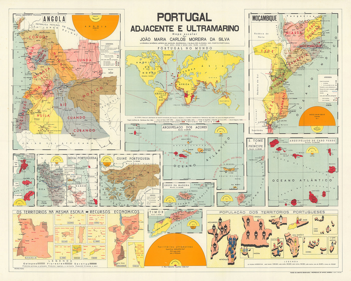 Old World Map of the Portuguese Empire by Manuel Barreira, 1961: Colonial Mozambique, Azores, Angola, Cape Verde, Macau, India