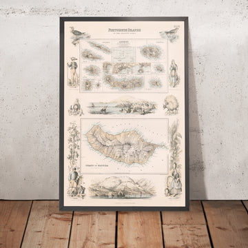 Alte Karte der Azoren & Madeira, 1865: Portugiesische Inseln, Funchal, Angra, Ponta Delgada, Fayal, Pico 