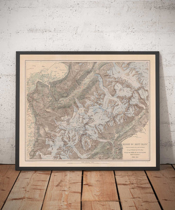 Alte Karte des Mont-Blanc-Massivs von 1865 von Jean-Joseph Mieulet - Chamonix, Entreves, Les Houches, Saint-Nicolas de Veroce, Die Alpen 