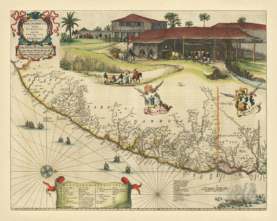 Ancienne carte de Pernambuco et Itamaracá par Blaeu, 1662 : Recife, Olinda, canne à sucre, navires, bataille navale