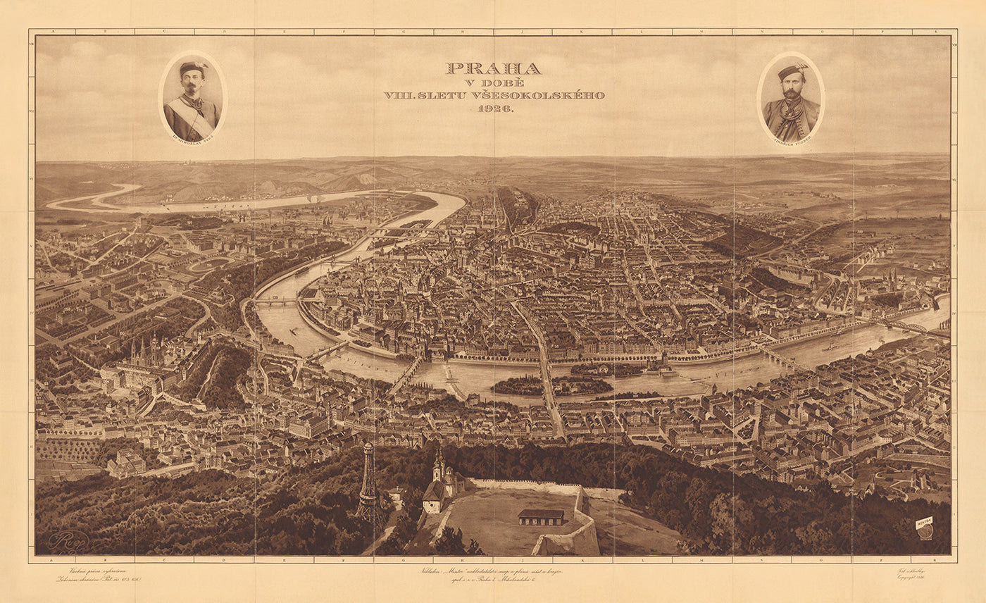Mapa antiguo de Praga, Mentor, 1926: Torre Petrin, Castillo de Praga, Mala Strana, Ciudad Vieja, Rally All Sokol