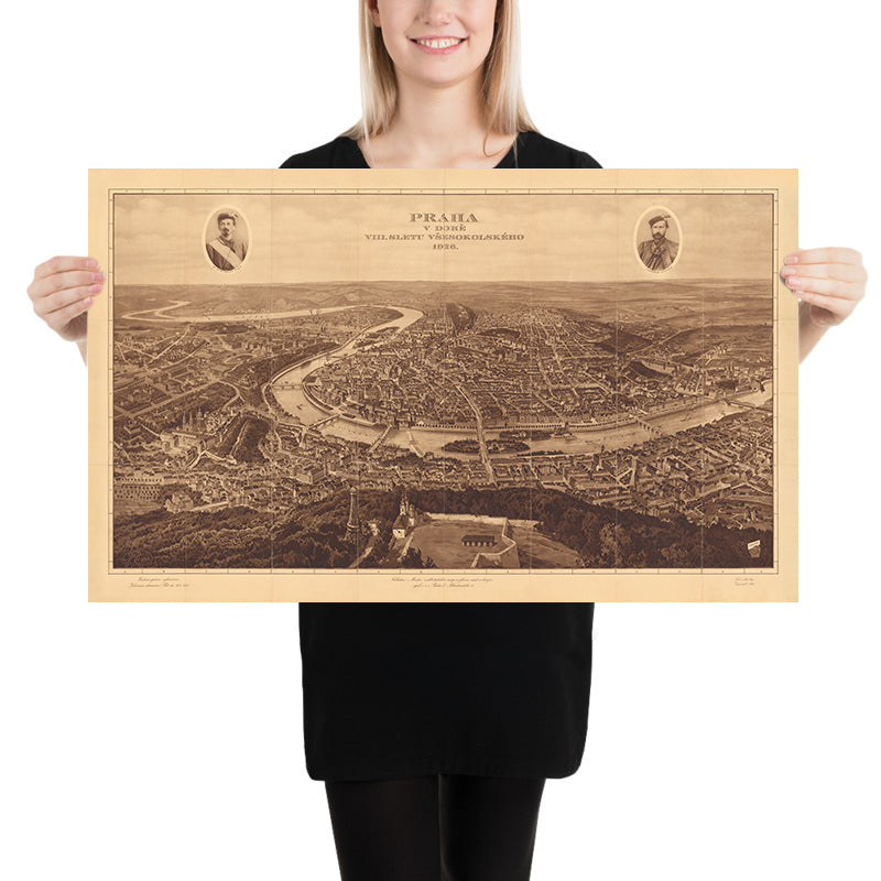 Ancienne carte de Prague, Mentor, 1926 : Tour Petrin, Château de Prague, Mala Strana, Vieille Ville, Rallye All Sokol