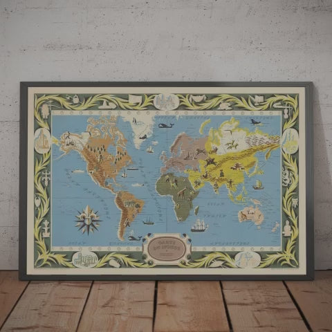 Antiguo mapa francés del mundo, 1956 - Carte du Monde Atlas de Blondel La Rougery - Monstruos marinos, zonas horarias