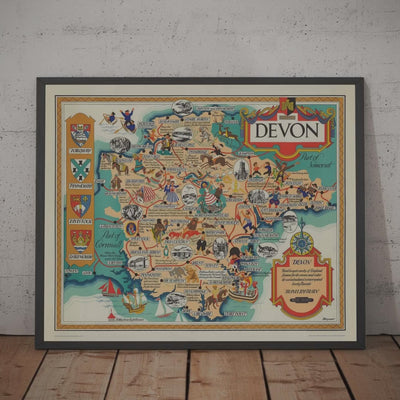 Old Pictorial Map of Devon, 1950 par Bowyer - British Railway, Torquay, Torrington, Clovelly, West Country